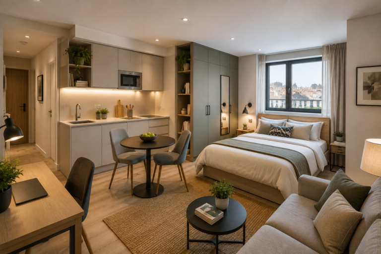Studio moderne et lumineux avec lit double, coin cuisine équipé, espace repas et petit salon, aménagés dans une seule pièce fonctionnelle et confortable.